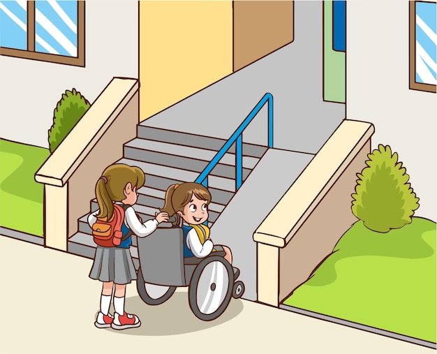 Helpful child carrying her friend in a wheelchair, exemplary behavioral training cartoon vector