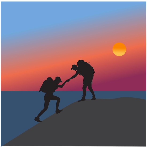 helping each other during trekking stock illustration