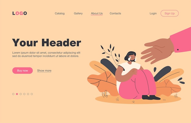Vector helping hand for depressed crying person. sad, anxious and lonely woman suffering from stress and depression, getting support.  landing page for assistance, friendship, care concept