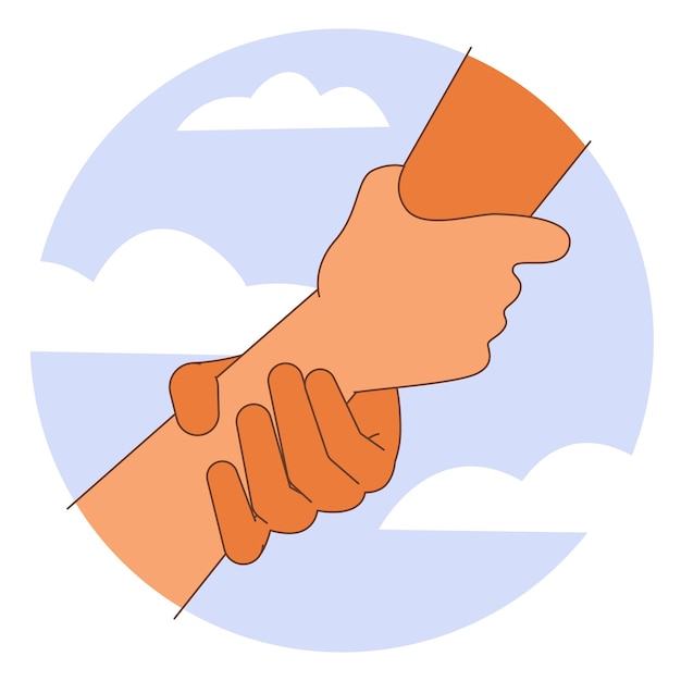 Helping hand support and assistance concept Hand holding another hand falling down Thin line flat vector illustration