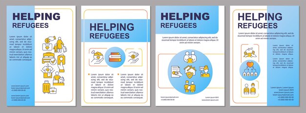 難民を支援する青いパンフレットテンプレート逃亡者を支援する線形アイコンを使用したリーフレットデザインプレゼンテーション用の4つのベクトルレイアウト年次報告書ArialBlackMyriadProRegularフォントを使用
