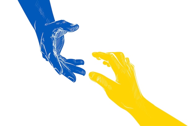 Aiutare il concetto di mano dell'ucraina segno di gesto di aiuto e logo di speranza due mani che si prendono l'un l'altro i colori della bandiera gialla blu supportano i rifugiati ucraini illustrazione vettoriale