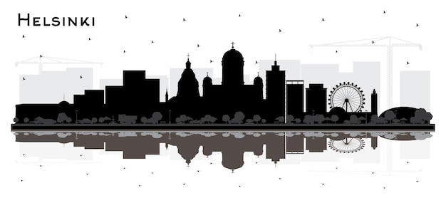 Helsinki Finland City Skyline Silhouette with Black Buildings and Reflections Isolated on White