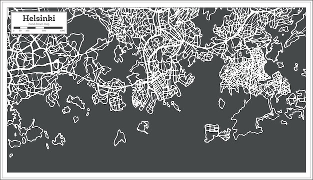 ベクトル レトロなスタイルのヘルシンキフィンランド地図。ベクトルイラスト。白地図。