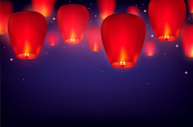 Hemel lantaarns achtergrond met donkere hemel verloop met sterren en realistische afbeeldingen van hangende papieren lantaarns