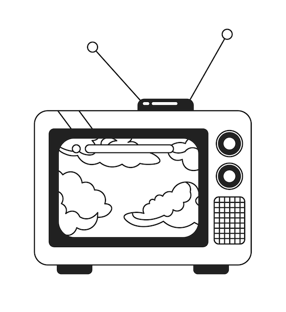 Hemels wolkenbeeld op vintage tv zwart-wit 2D cartoon object ouderwetse retro televisieprogramma geïsoleerd vector omtrek item Watch nostalgie show monochromatische platte plek illustratie