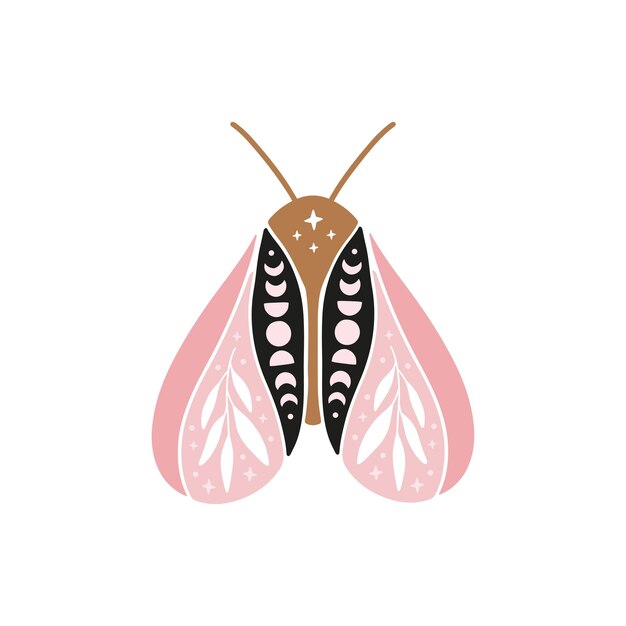 Hemelse vlinder vectorillustratie. mystieke lunamot met maanstanden. magische bloemeninsect op witte achtergrond. ontwerp voor boho poster, kaart, t-shirt print.