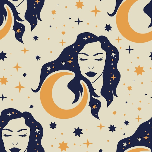 Hemelse vrouwelijke magische astrologie naadloze patroon. Vrouw gezicht fairy galaxy maan