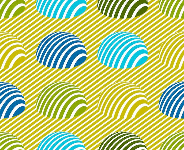 Hemispheres lined optical illusion seamless pattern, vector repeat tiling op art background, psychedelic 3D spheres and lines, wallpaper or print textile template.