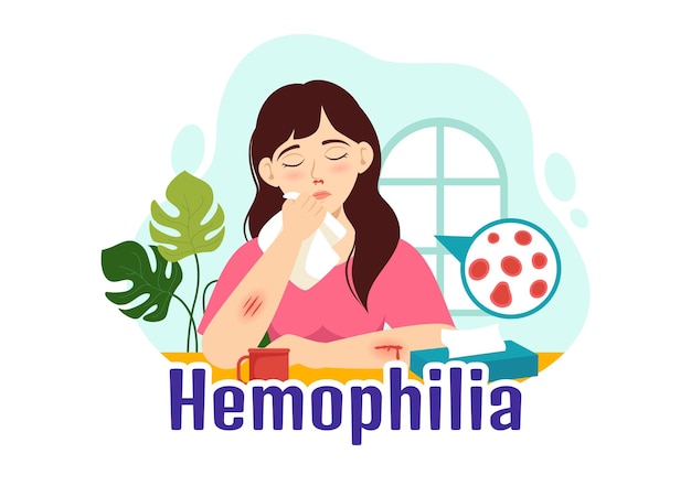 Hemophilia vector illustration with doctor examining injured knee or joint and blood disorders