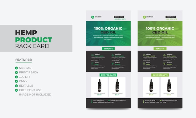 Prodotto di canapa vendita rack card o dl flyer template cannabis sativa product sale rack card cbd dl flyer