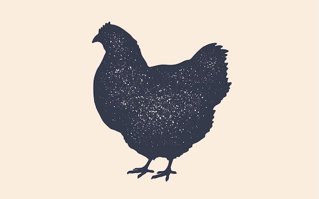 鶏、鶏。ヴィンテージのロゴ、レトロなプリント、精肉店のポスター、鶏のシルエット。食肉ビジネス、食肉店のロゴテンプレート。孤立した黒いシルエットの鶏、白い背景。ベクトルイラスト