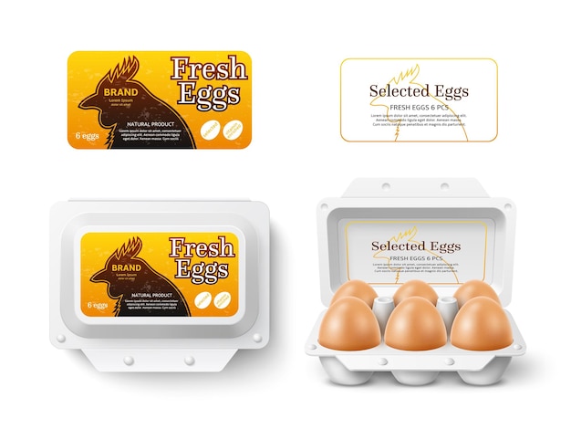 Hen eggs package design mockup box with stickers farm fresh chicken product natural diet breakfast rural manufacture open and closed box with label healthy food utter vector concept