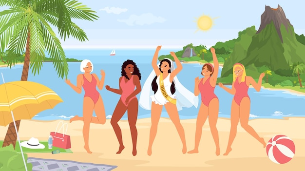 Hen party on beach concept with happy young women in swimsuits