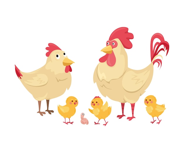 Hen and rooster with chickens on a white background Cute chicken family with chickens in cartoon style on an isolated background