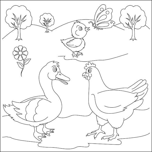 Hen swan and baby chicken cartoon character coloring page Coloring book for kids