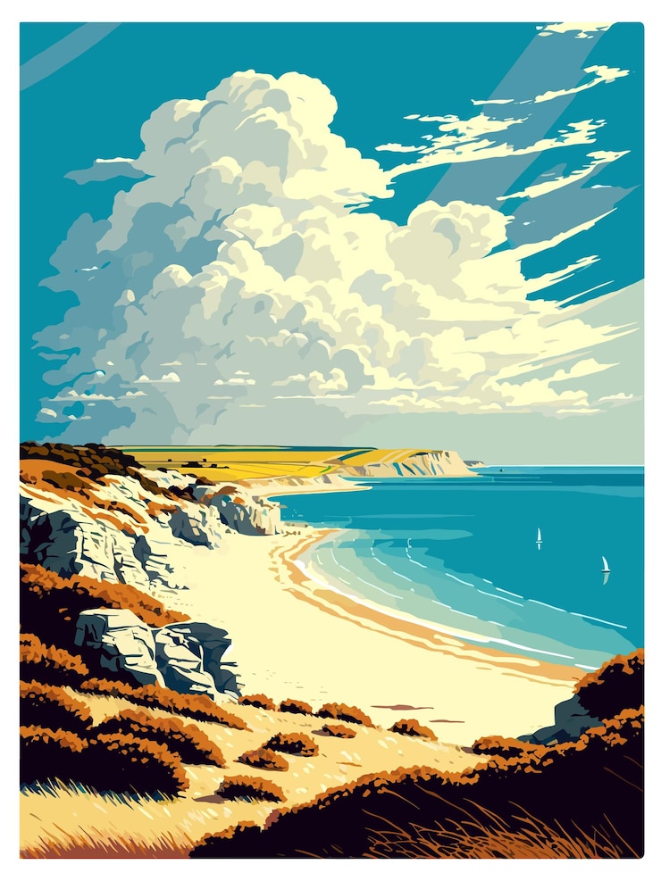 Vector hengistbury head 영국 빈티지 여행 포스터 기념품 엽서 초상화 그림 wpa 일러스트레이션