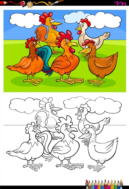 Hens and roosters characters group color book