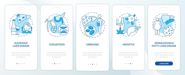 Vettore tipi di malattie epatiche nella schermata della pagina dell'app per dispositivi mobili