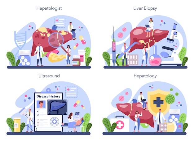 Vector hepatologist concept set. dokter maakt echografisch leveronderzoek. idee van medische behandeling, hepatologietherapie.