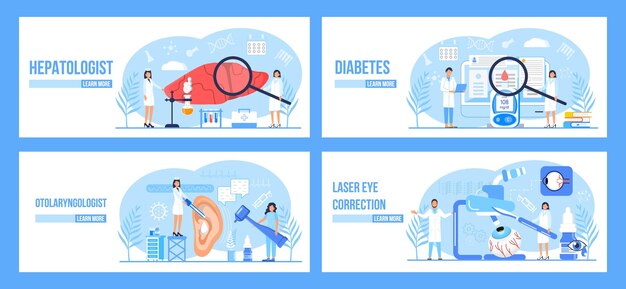 Hepatologist otolaryngologist diabetes laser eye correction concept set vector for medical websites landing page hepatocellular carcinoma concept vector