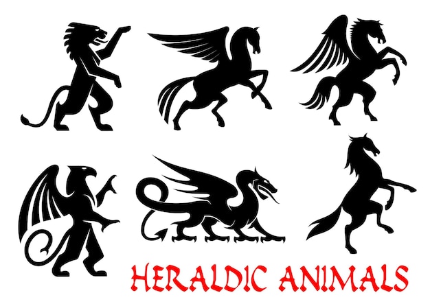 Heraldic animals emblems silhouette elements