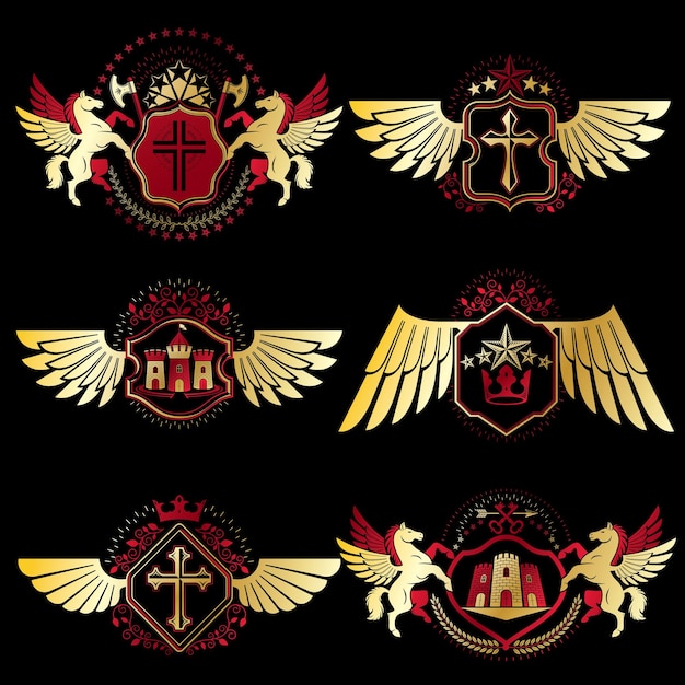 Heraldic Coat of Arms created with vintage vector elements, bird wings, animals, towers, crowns and stars. Classy symbolic emblems collection, vector set.