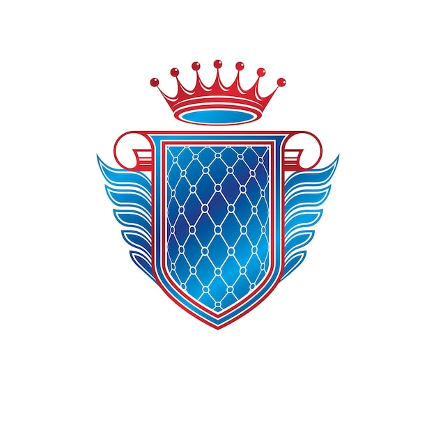 Геральдический герб декоративная эмблема с копировальным пространством и картушем. Эмблема крылатого защитного щита, созданная с императорской короной, изолированная векторная иллюстрация.