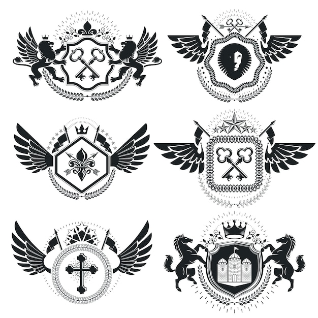 Heraldic Coat of Arms decorative emblems. Collection of symbols in vintage style.