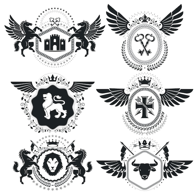 Heraldic Coat of Arms decorative emblems. Collection of symbols in vintage style.