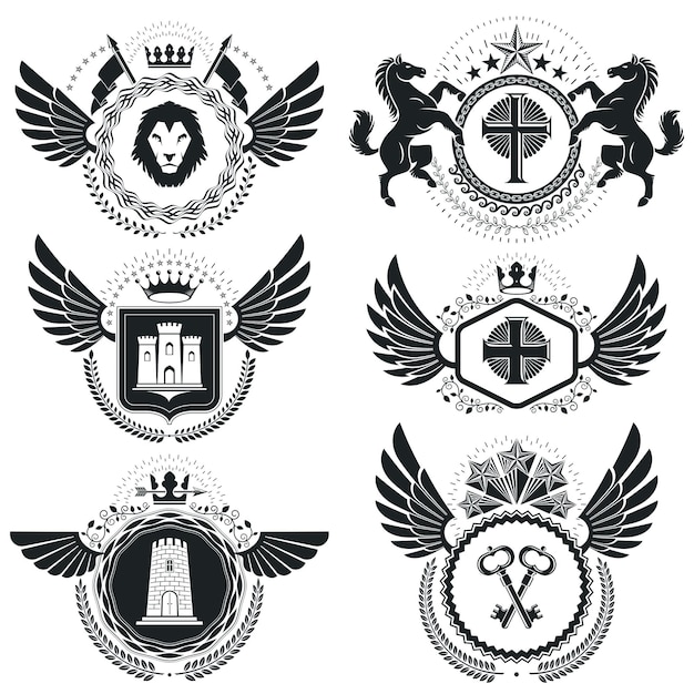 紋章の紋章の装飾的なエンブレム。ヴィンテージスタイルのシンボルのコレクション。