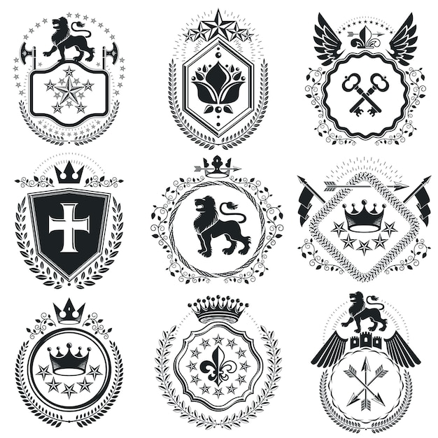 Heraldic Coat of Arms decorative emblems isolated vector illustrations. Vintage design elements collection.