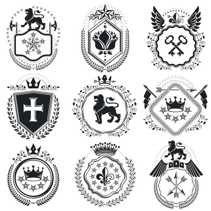 Вектор геральдические гербы декоративные эмблемы изолированные векторные иллюстрации. коллекция элементов винтажного дизайна.