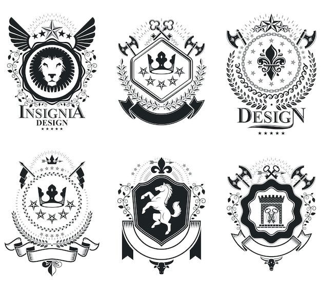 Vector heraldic coat of arms decorative emblems isolated vector illustrations. vintage design elements collection.