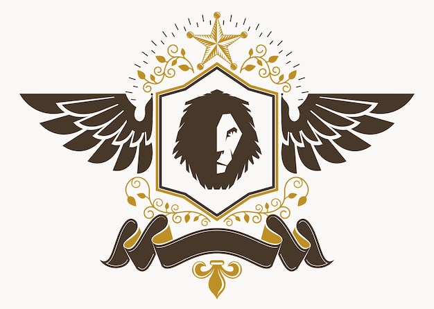 Stemma araldico realizzato in design retrò, emblema decorativo con ali, illustrazione del leone selvaggio e stelle pentagonali