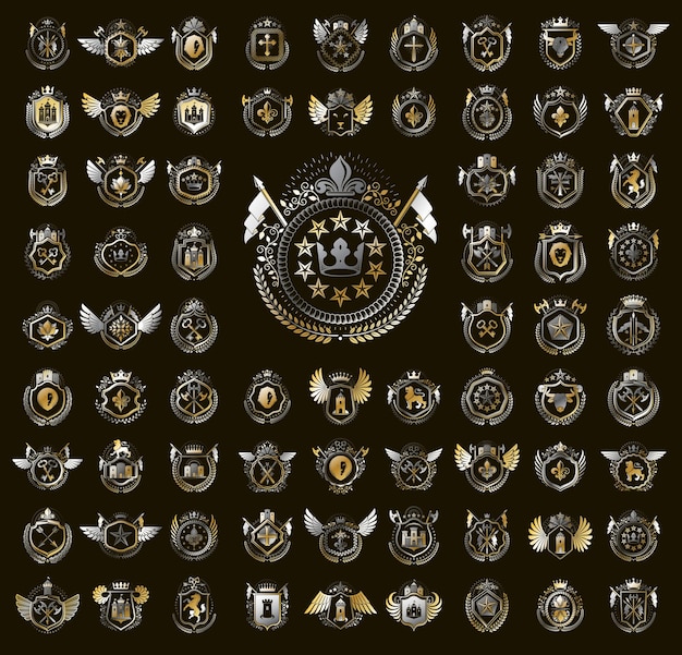 Heraldic coat of arms vector big set, vintage antique heraldic badges and awards collection, symbols in classic style design elements, family or business logos.