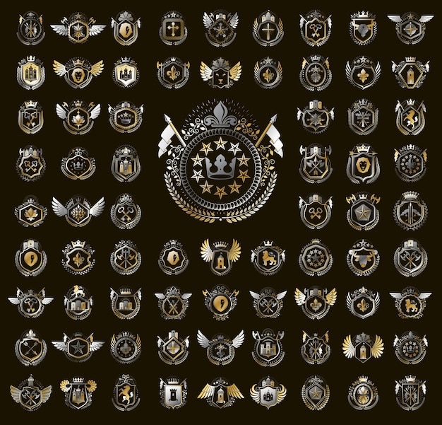 Vector heraldic coat of arms vector big set, vintage antique heraldic badges and awards collection, symbols in classic style design elements, family or business logos.