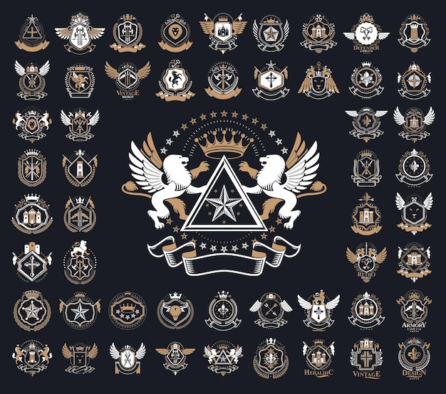 Vector heraldic coat of arms vector big set, vintage antique heraldic badges and awards collection, symbols in classic style design elements, family or business logos.