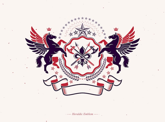 Heraldic Coat of Arms, vintage vector emblem composed with ancient weapon, hatchets and spears. Vector blazon made with mythic Pegasus, imperial crown and Lily flower royal symbol.