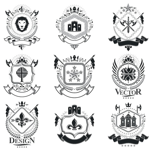 Heraldic coat of arms, vintage vector emblems. classy high quality symbolic illustrations collection, vector set.