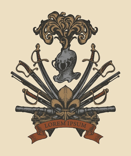 heraldic Coat of arms with knightly helmet and weapon