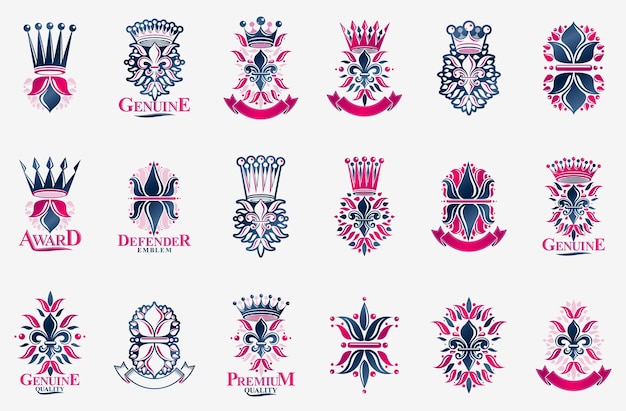 Heraldic Coat of Arms with Lily Flower and crowns symbol vector big set, vintage antique heraldic badges and awards collection, symbols in classic style design elements, De Lis.