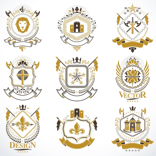 Геральдический герб, созданный с использованием старинных векторных элементов, животных, башен, корон и звезд. классная коллекция символических эмблем, векторный набор.