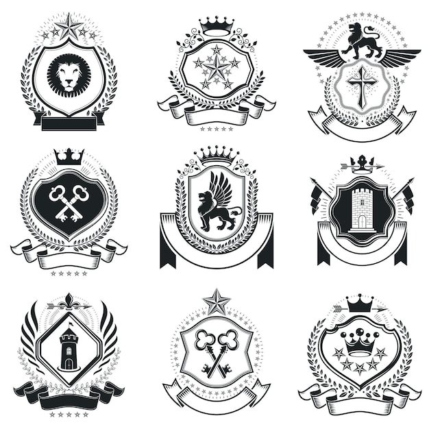 Вектор Декоративные эмблемы геральдического герба. коллекция символов в винтажном стиле.