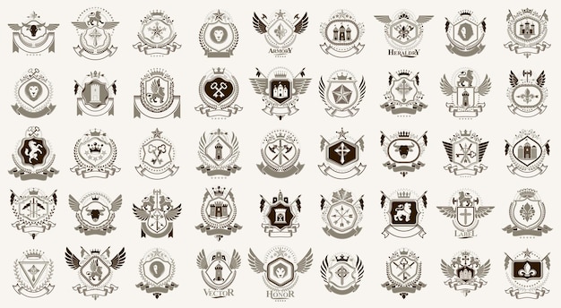 Вектор Геральдический герб векторный большой набор, старинные антикварные геральдические значки и коллекция наград, символы в классическом стиле, элементы дизайна, логотипы семьи или бизнеса.