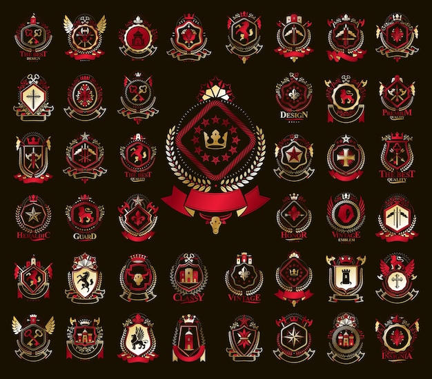 벡터 heraldic coat of arms 벡터 큰 세트, 빈티지 골동품 문장 배지 및 상 컬렉션, 고전적인 스타일 디자인 요소의 기호, 가족 또는 비즈니스 로고.