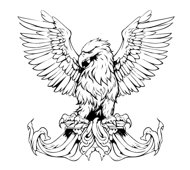 어진 날개를 가진 헤럴드 독수리 왕실 상징 수화 조각 스타일 터로 손으로 그려진 스케치