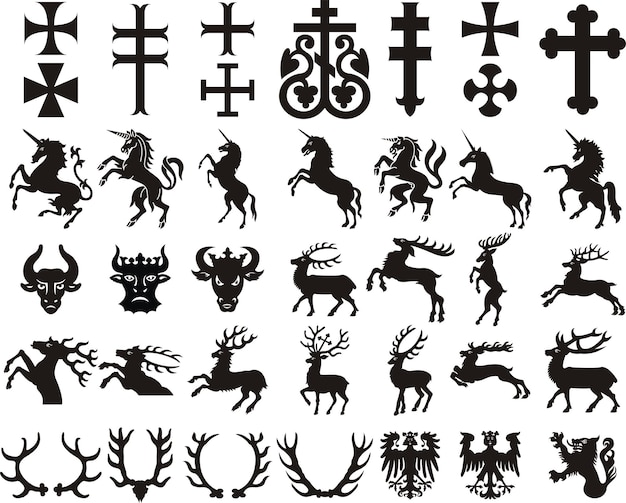 Heraldic elements set. Black white silhouette set