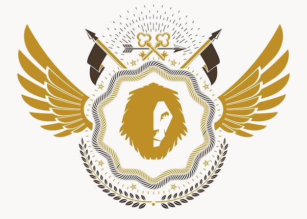 Геральдическая эмблема выполнена с использованием графических элементов, таких как птичьи крылья и дикий лев, векторная иллюстрация.