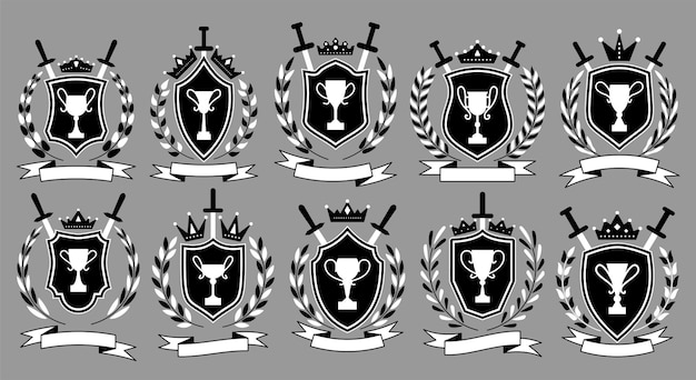 Heraldic emblem set Goblet on shield laurel wreath kings crown sword ribbon black icon set 1st 2nd 3rd place different shape winner award Champions victory trophy cup best choice symbol